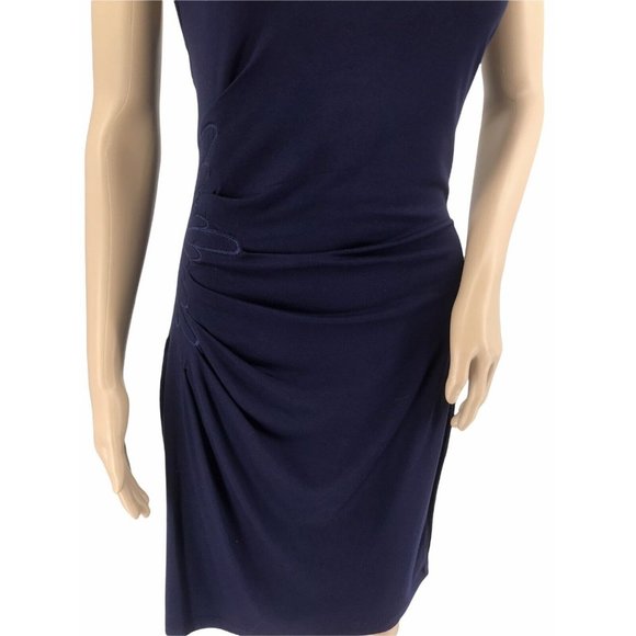 Catherine Maladrino Midi Sheath Dress L Cap Sleeve Embroidery Navy Blue Stretchy - Picture 2 of 9